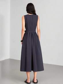 LYSMO Tiefgraues Damen Kleid mit Kordelzug Taille - Grau - Übersicht 2