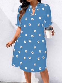 SHEIN LUNE 大码女式雪纺花卉印花 V 领 A 字型泡泡袖中长款优雅休闲春夏连衣裙