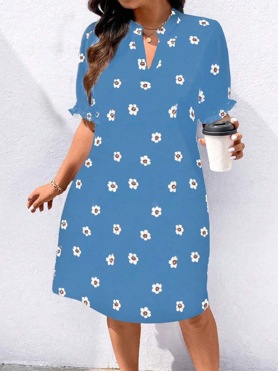 SHEIN LUNE 大码女式雪纺花卉印花 V 领 A 字型泡泡袖中长款优雅休闲春夏连衣裙