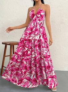 Firerie Women's Floral Print Spaghetti Strap V-Neck Ruched Backless A-Line Maxi Dress, Suitable For Summer Hawaii, Sexy/Vacation/Beach/Date - Pink - View 4