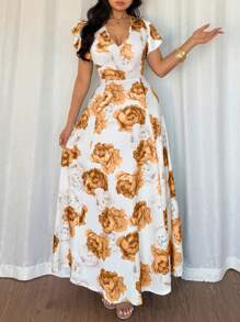 SHEIN VCAY CURVE Vestito maxi con scollo a V a volant con stampa floreale, estivo, per taglie comode