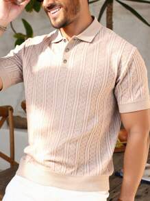 Manfinity Homme Men's Textured Polo Collar Short Sleeve Casual Knit Top - Beige - View 3