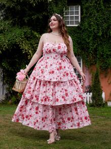 Flirla Plus Size Vacation Style Square Neck Sling Gathered Waist Ruffle Hem Long Dress - Multicolor - View 6