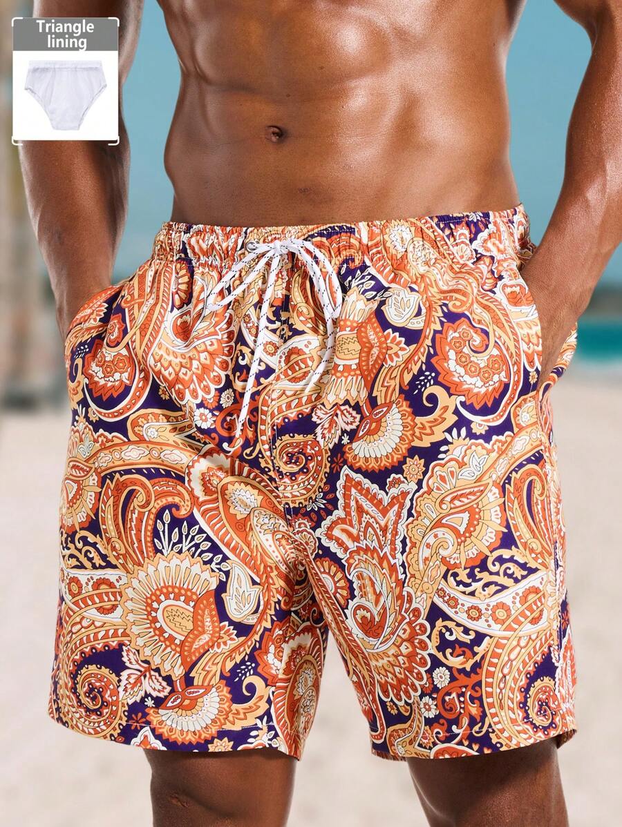 Surfspeed Plus Size Men's Botanical Print Drawstring Waist Beach Shorts - Multicolor - View 1