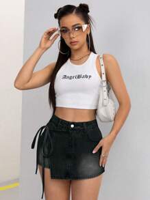 SHEIN EZwear Casual Washed Drawstring Wrap Denim Shorts - Black - View 3