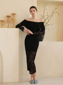 Camisón con efecto ajustado de encaje elegante y sofisticado para damas de tallas grandes - Negro - Ver 3