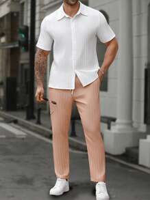 Manfinity Homme Plus Size Men's Solid Color Short Sleeve Shirt With Pants Set