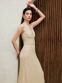 Chiquease Women Minimalist Solid Color Elegant Ruffle Design Lace Sexy Dress - Apricot - View 3