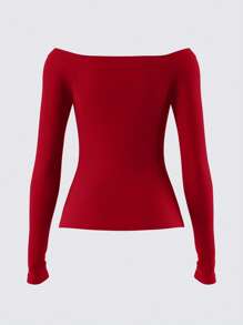 SHEIN BASICS Women's Regular Fit Solid Color Off Shoulder Long Sleeve Knit Top Off The Shoulder Top - Red - View 3