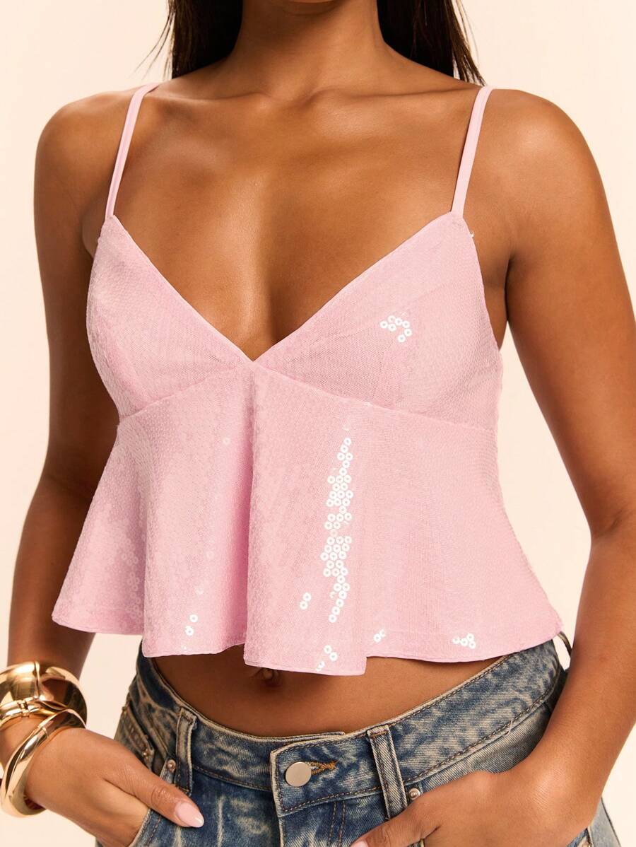 SHEIN BAE Women's Solid Color Sequin Ruffle Hem Camisole - Pink - View 1