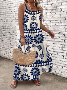 Breezaya 大码休闲度假植物印花无袖长裙女装 - 彩色 - 查看 3
