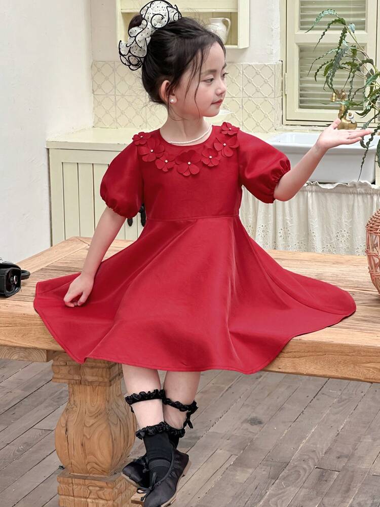 Young Girl Casual Crew Neck Embellished Cute Toddler Flower Puff Sleeve Dress, Girls Summer Outfits