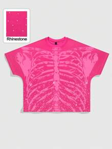 ROMWE MEN Camiseta de manga corta de corte holgado con estampado de calavera con diamantes para hombre