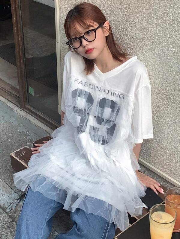 FRIFUL Women's Small V-Neck Sheer Mesh Ruffle Trim Layered Letter & Number Contrast Color Print Casual Street Style Short Sleeve T-Shirt, Cute Summer Top For Festive