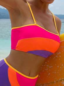 Swim SPRTY Top de traje de baño de mujer en estilo patchwork - Rosa Fucsia - Ver 3