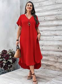 Hourglow Vestido casual recto de manga corta de murciélago con cuello en V para mujer de talla grande - Rojo - Ver 4