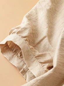 Linhara Plus Japanese Style Summer Elegant Going Out Tops Brown Embroidered V-Neck Mid Sleeve Linen Look Blouse - Apricot - View 5