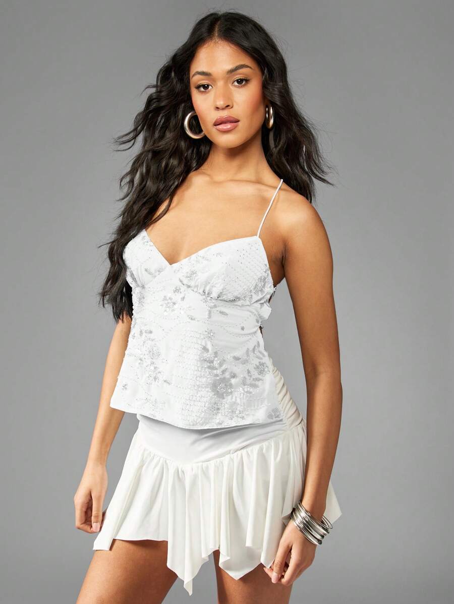 MISSGUIDED Beaded Embellished Top Lace-Up Back Summer Festival Party Club Dance Special Occasion Adjustable Straps - White - View 1