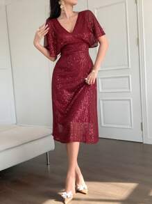 DAZY Women's Sequined V-Neck Empire Waist Dress, Elegant Long Formal Gown For Party Prom Dress