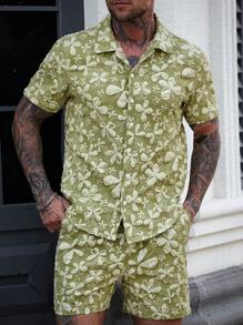 Manfinity RSRT 2pcs/Set Full Print Button Front Short Sleeve Shirt & Pocket Shorts Set - Green - View 1