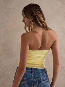 Glamine 黄色褶皱露背透视夏季抹胸，基本款上衣，约会之夜，女士俱乐部，度假上衣