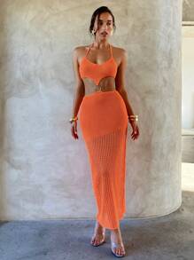 Aloruh Women's Fashionable Sexy Backless Halter Knitted Mini Dress - Burnt Orange - View 1