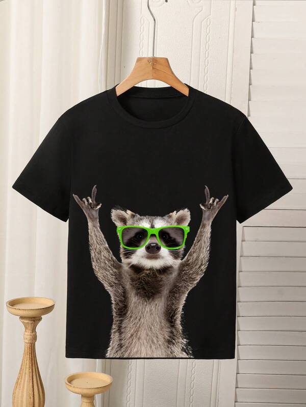 SHEIN Raccoon Print Round Neck Short Sleeve Casual T-Shirt For Young Boys, School, Campus, College