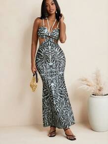 JIAN LASALA Schwarz bedrucktes Kleid mit Spaghettiträgern, figurbetonter Passform, Schlangenschnittausschnitten und Ringen, Partykleid, Sommerkleid, langes Kleid, Bandage-Kleid, Hawaii-Outfit, Ankara-Kleid, Resortwear, fließendes Kleid, vintage Abendkleid