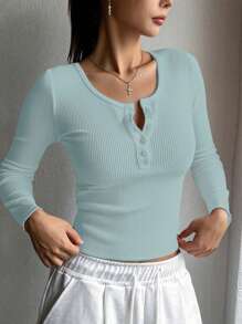 DAZY Women's Solid Color Button Half-Placket Ribbed Slim Fit Long Sleeve T-Shirt, Autumn,Fall Women Clothes - Dusty Blue - View 3