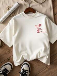Glissea Camiseta de manga corta y cuello redondo con estampado de club de vino y queso para mujeres