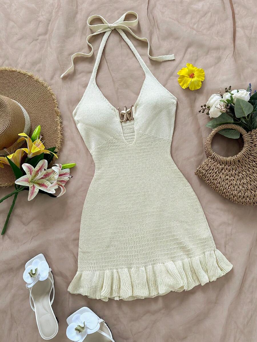 Soleia Women's Resort Moss Green Halter Backless Front Metal Buckle Decor Hollow Out Ruffle Mini Dress - Beige - View 1