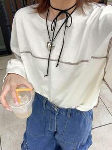 FRIFUL 女士宽松短款圆领撞色拼接T恤，春季、秋季衣服长袖女上衣 - 米色 - 查看 6