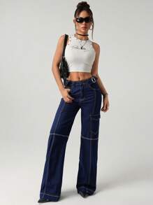 SHEIN ICON Y2k Women's Going Out Low-Rise Cargo Pocket Flared Leg Casual Jeans