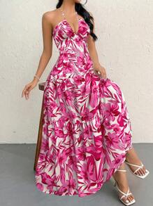 Firerie Women's Floral Print Spaghetti Strap V-Neck Ruched Backless A-Line Maxi Dress, Suitable For Summer Hawaii, Sexy/Vacation/Beach/Date - Pink - View 3