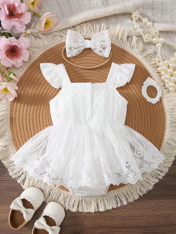 SHEIN 1pc Baby Girl Solid Color Cute Ruffled Hem Romper Dress + Headband Set