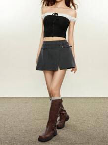 Rina Fox Women's Casual Solid Color Low Waisted Mini Skirt, Summer - Grey - View 6