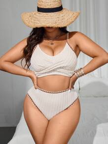 SHEIN Swim Curve 2pcs Plus Size Women's Fashion Flower Trim High-End Slimming Concealing Body One Piece Swimsuit Set For Summer Beach Vacation - Khaki - View 4