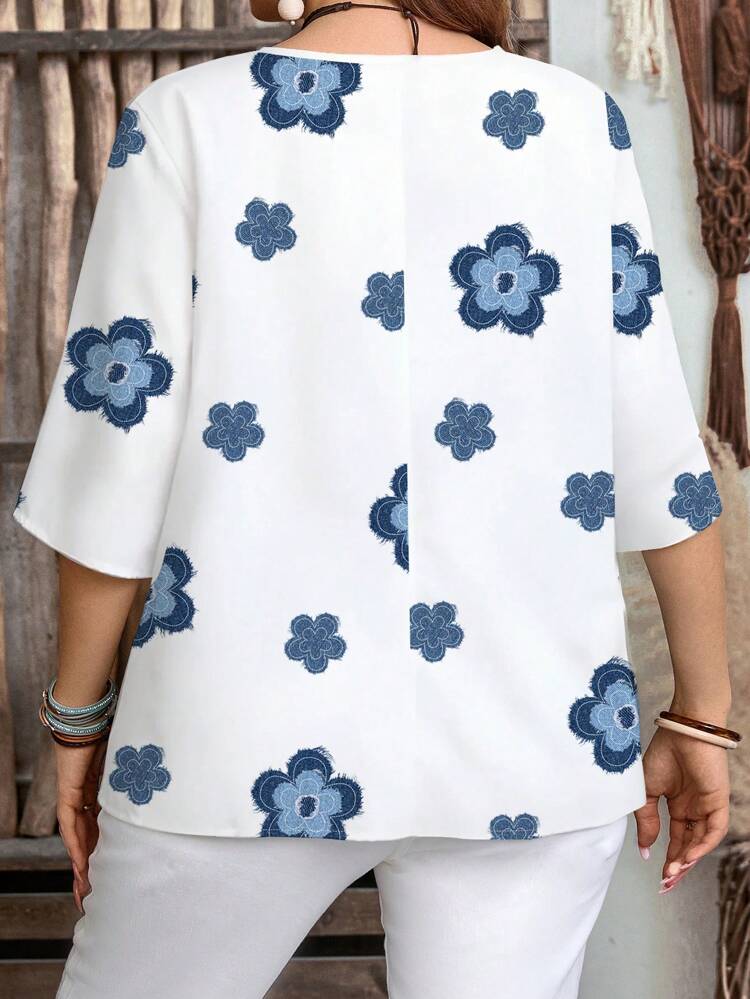 Plus Size Casual Floral Print Denim Effect Shirt, Suitable For Spring/Summer Chic Blouses For Women,Flower/Vacation