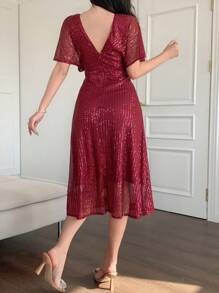 DAZY Women's Sequined V-Neck Empire Waist Dress, Elegant Long Formal Gown For Party Prom Dress