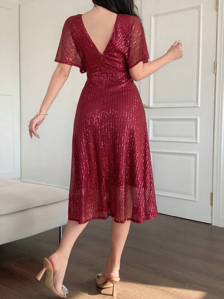Women's Sequined V-Neck Empire Waist Dress, Elegant Long Formal Gown For Party Prom Dress New Year Eve Dress Carnival Sparkly Dress Maxi Dress
