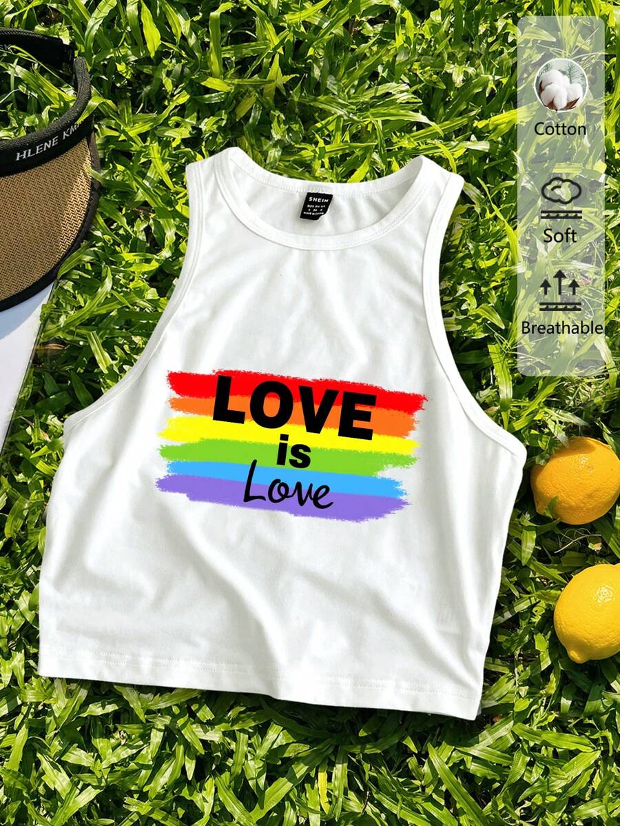 SHEIN EZwear LGBT骄傲月“爱就是爱”彩虹旗印花休闲简约圆领修身棉混纺女式背心，夏季复古风格