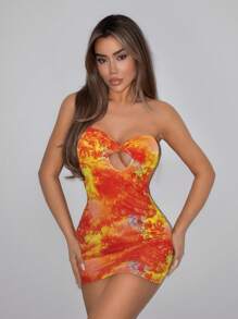 SHEIN ICON 女士夏季黄色和橙色外出派对西部女士波西米亚海滩女士嬉皮佩斯利印花返校节性感扎染扭纹镂空紧身迷你吊带裙 - 彩色 - 查看 5