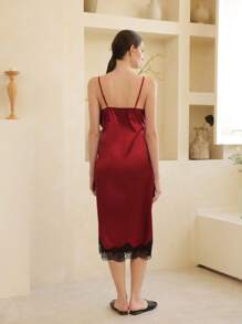 Moireta Elegant Lace Patchwork & Twist Satin Nightgown Babydoll For Women Luxeloungewear - Burgundy - View 2