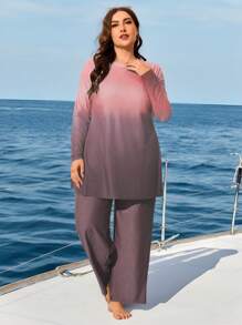 Swim Mulvari Set de maillot de bain pour femme grande taille 2 pièces, style Moyen-oriental avec imprimé dégradé, manches longues, col rond, ample et ample. Loisirs et vacances