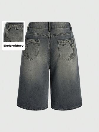 Grunge Punk Lässige, vintage-look Jeans-Shorts mit abgenutzter Optik, Totenkopf-Flügel- und Ranken-Stickerei, Streetwear Stil