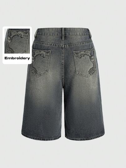 Grunge Punk Lässige, vintage-look Jeans-Shorts mit abgenutzter Optik, Totenkopf-Flügel- und Ranken-Stickerei, Streetwear Stil