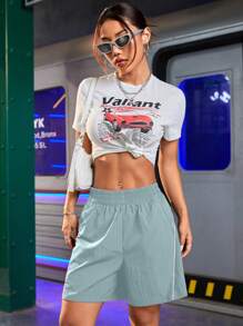 Streetz SHEIN Sport 休闲宽松撞色滚边运动短裤 松紧腰带短裤 女士短裤 带口袋女士运动短裤 - 淺藍色 - 查看 6