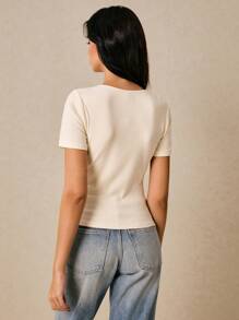 Poéselle Áo thun nữ tay ngắn, áo thun thường ngày thoải mái, áo thun màu mơ, áo thun cơ bản, áo thun nữ màu trơn cài cúc phía trước, tay ngắn, áo thun thường ngày đa năng, áo thun mùa hè cho nữ, áo mùa hè dễ thương. - Màu vàng - Xem 2