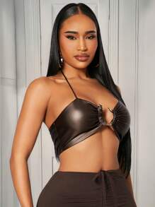 SHEIN SXY 春夏街头休闲日常舒适性感夜店浅棕色高弹力 PU 涂层超剪裁露背上衣配五金饰边