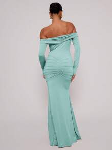 MUSERA 露肩长袖连衣裙，适合度假、夏季、春季、浪漫场合、毕业典礼、婚礼、伊比沙岛婚礼、假日海滩、秋季、夜间外出、婚礼、约会等场合，优雅长裙 - 薄荷藍 - 查看 3